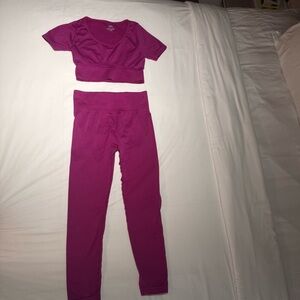 Magenta High-Waisted Ribbed Sports Top & Leggings Set
